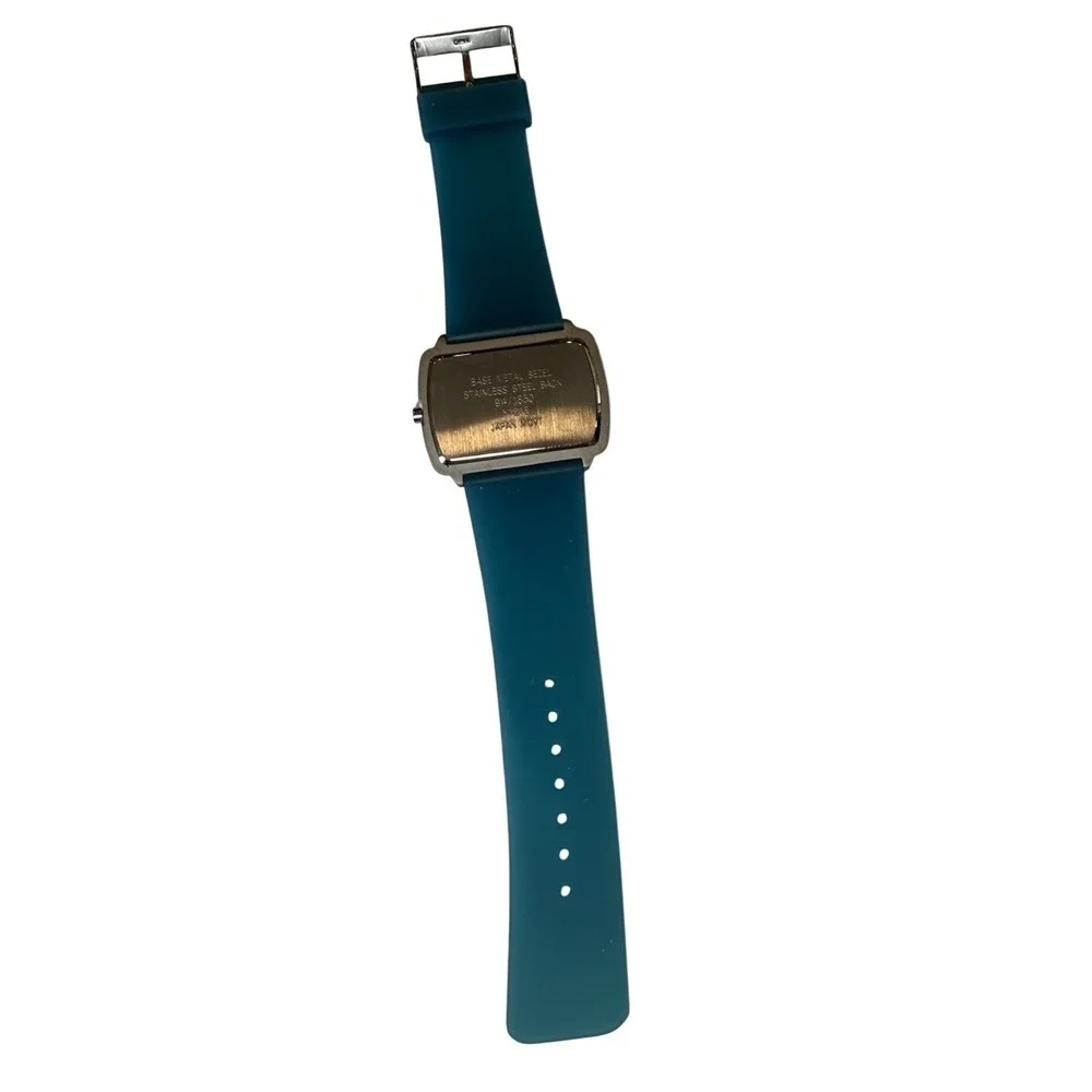 Nine West Watch Womens OS Blue Silver Rectangular Dial Silicone Band Bold Modern